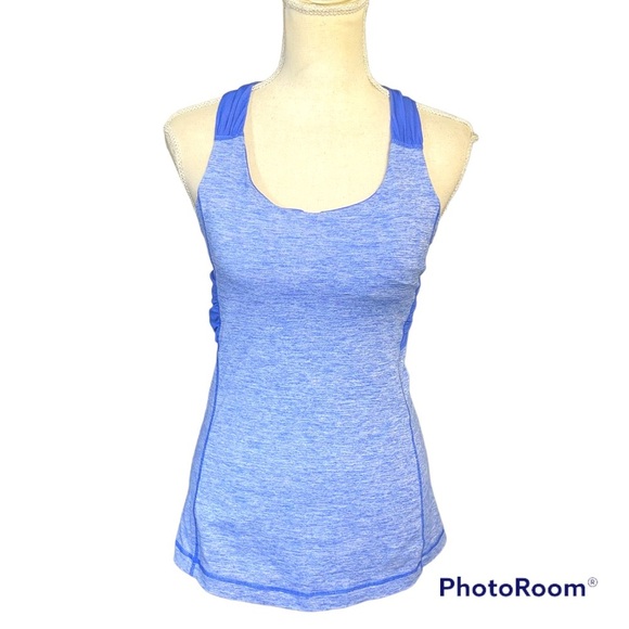 Lululemon Spin Me Tank Top Womens 6 Heather Blue Built In Bra Racerback Logo - Picture 2 of 5